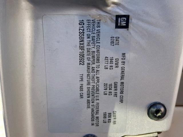 1G1ZS58NX8F105922 - 2008 CHEVROLET MALIBU LS SILVER photo 10