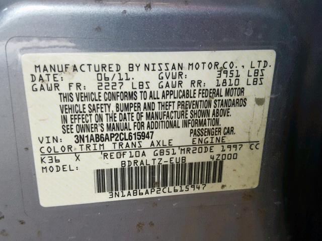 3N1AB6AP2CL615947 - 2012 NISSAN SENTRA 2.0 SILVER photo 10