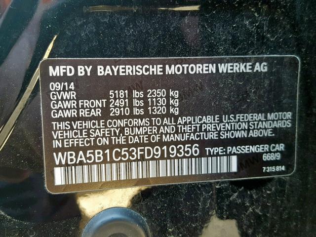 WBA5B1C53FD919356 - 2015 BMW 535 I BLACK photo 10