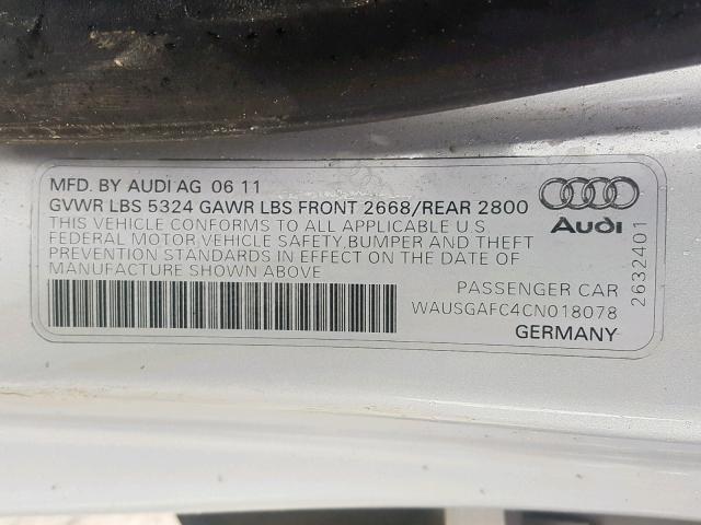 WAUSGAFC4CN018078 - 2012 AUDI A7 PRESTIG SILVER photo 10