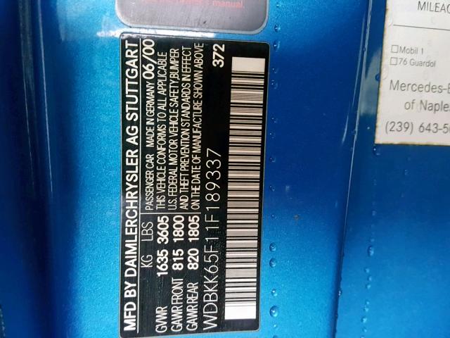 WDBKK65F11F189337 - 2001 MERCEDES-BENZ SLK 320 BLUE photo 10