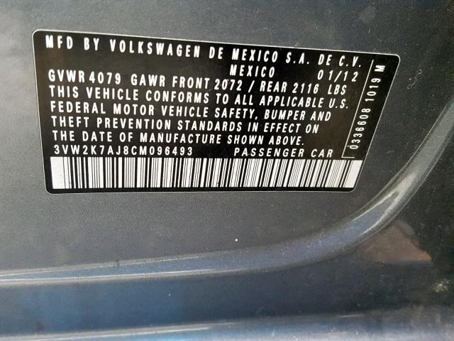 3VW2K7AJ8CM096493 - 2012 VOLKSWAGEN JETTA BASE 灰色 照片 10