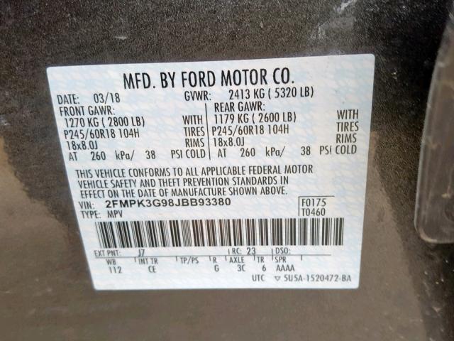 2FMPK3G98JBB93380 - 2018 FORD EDGE SE GRAY photo 10