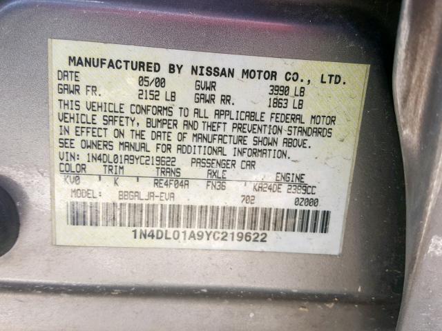 1N4DL01A9YC219622 - 2000 NISSAN ALTIMA XE GRAY photo 10