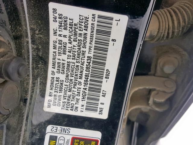 1HGFA16948L085438 - 2008 HONDA CIVIC EXL BLACK photo 10