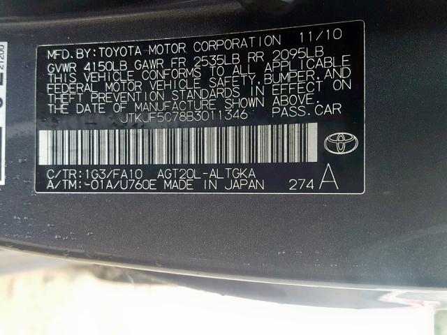 JTKJF5C78B3011346 - 2011 TOYOTA SCION TC გრაფიტი ფოტო 10