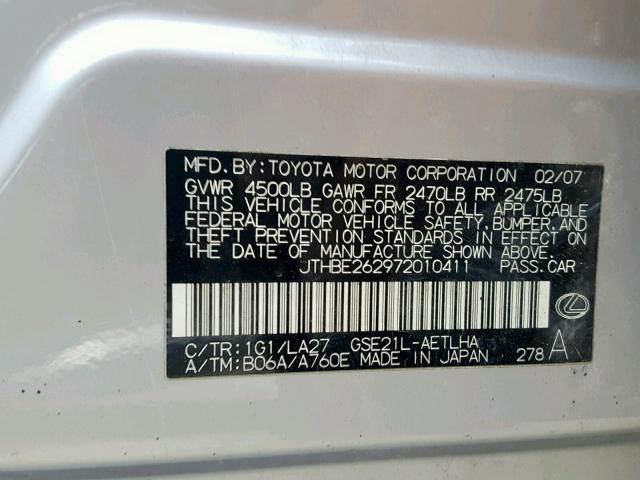 JTHBE262972010411 - 2007 LEXUS IS 350 SILVER photo 10