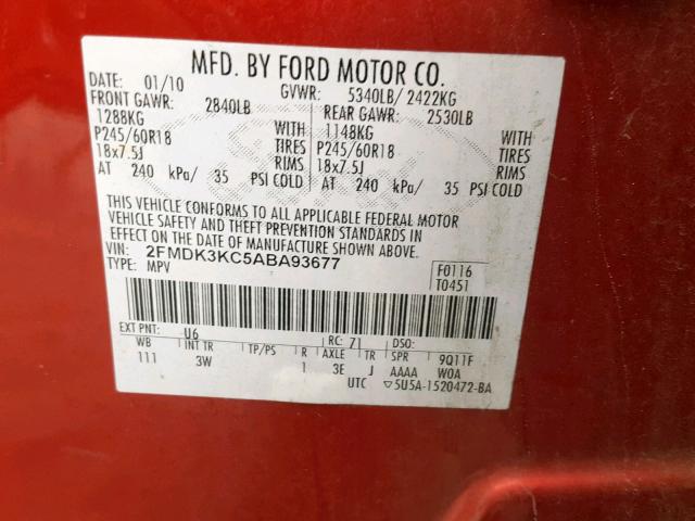 2FMDK3KC5ABA93677 - 2010 FORD EDGE LIMIT RED photo 10