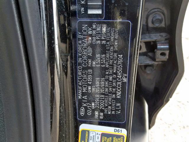 KNDCC3LC4H5057604 - 2017 KIA NIRO EX BLACK photo 10