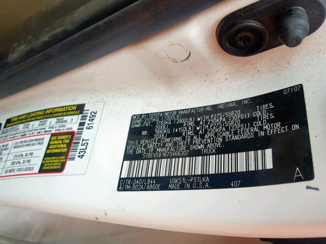 5TBEV58167S466307 - 2007 TOYOTA TUNDRA CRE WHITE photo 10