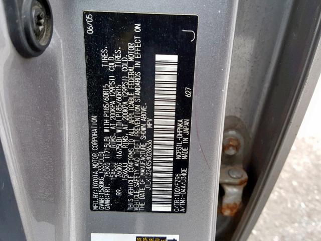 JTLKT324X54028636 - 2005 TOYOTA SCION XB GRAY photo 10