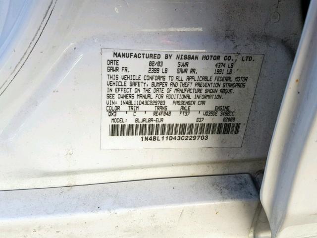 1N4BL11D43C229703 - 2003 NISSAN ALTIMA SE WHITE photo 10