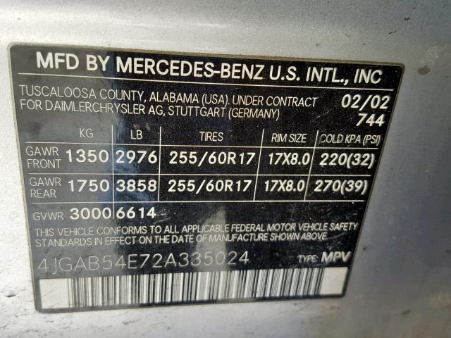 4JGAB54E72A335024 - 2002 MERCEDES-BENZ ML 320 SILVER photo 10