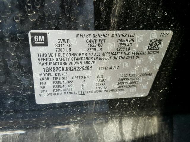 1GKS2CKJ8GR226484 - 2016 GMC YUKON DENA BLACK photo 10