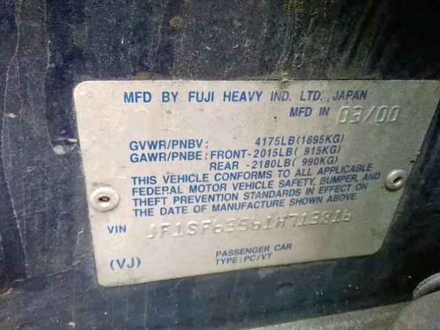 JF1SF65561H713816 - 2001 SUBARU FORESTER S Mavi foto 10