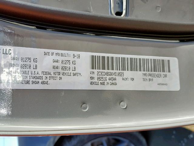 2C3CDXBG6KH510523 - 2019 DODGE CHARGER SX GRAY photo 10