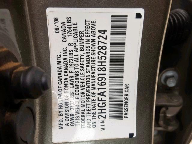 2HGFA16918H528724 - 2008 HONDA CIVIC EXL GRAY photo 10