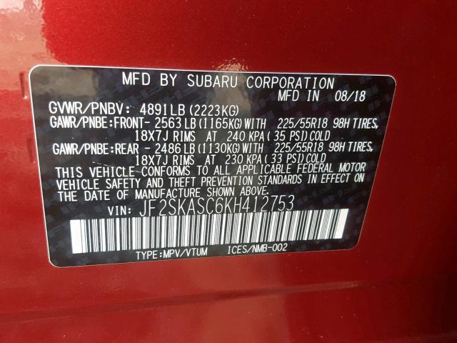 JF2SKASC6KH412753 - 2019 SUBARU FORESTER L RED photo 10