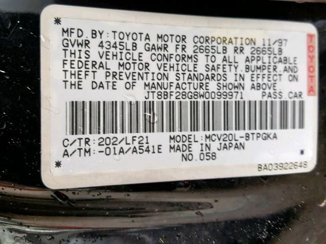 JT8BF28G8W0099971 - 1998 LEXUS ES 300 BLACK photo 10