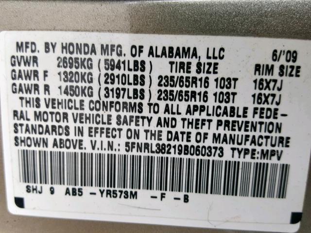 5FNRL38219B060373 - 2009 HONDA ODYSSEY LX TAN photo 10