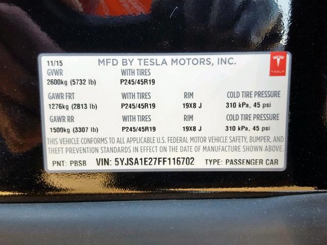 5YJSA1E27FF116702 - 2015 TESLA MODEL S BLACK photo 10