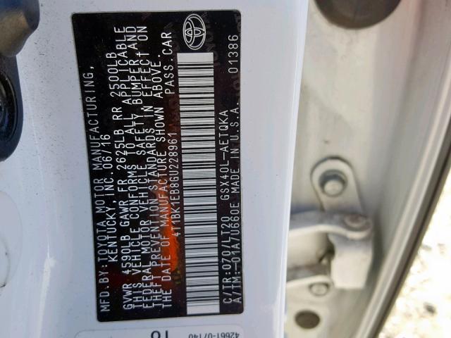 4T1BK1EB8GU228961 - 2016 TOYOTA AVALON XLE WHITE photo 10