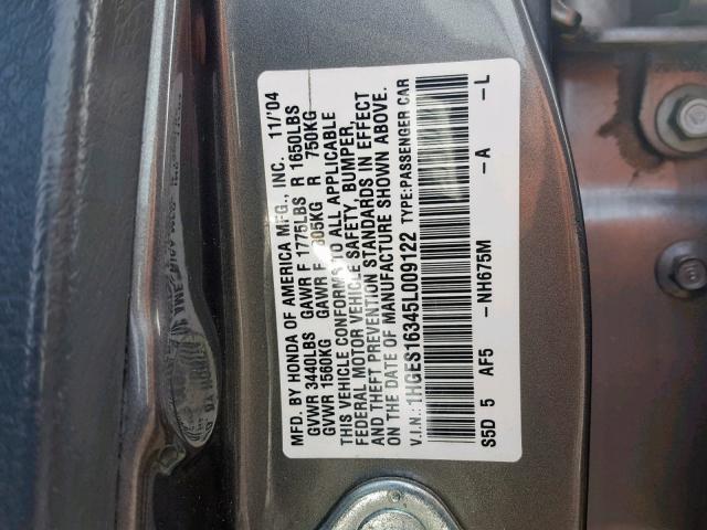 1HGES16345L009122 - 2005 HONDA CIVIC DX V GRAY photo 10