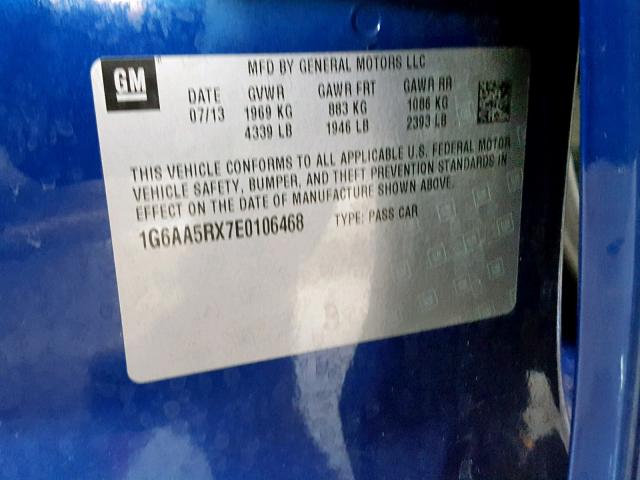 1G6AA5RX7E0106468 - 2014 CADILLAC ATS BLUE photo 10