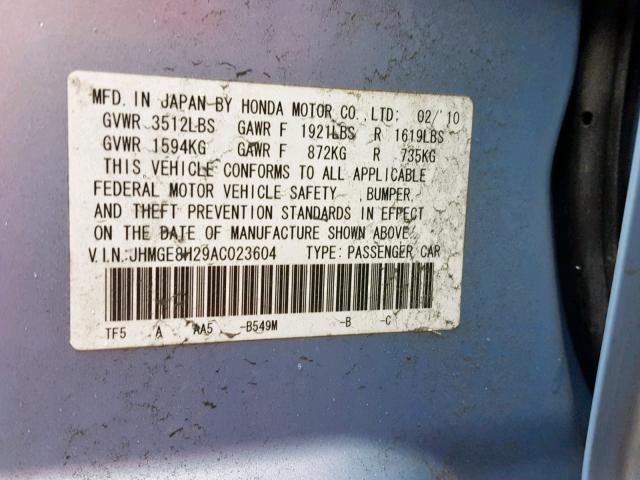 JHMGE8H29AC023604 - 2010 HONDA FIT BLUE photo 10