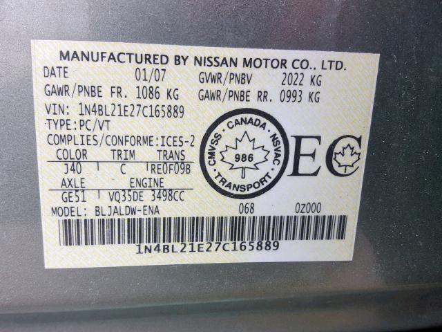 1N4BL21E27C165889 - 2007 NISSAN ALTIMA 3.5 GREEN photo 10