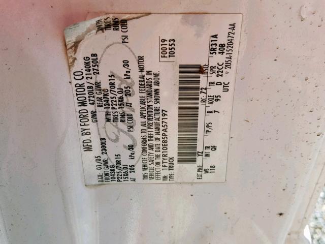 1FTYR10E85PA57197 - 2005 FORD RANGER WHITE photo 10