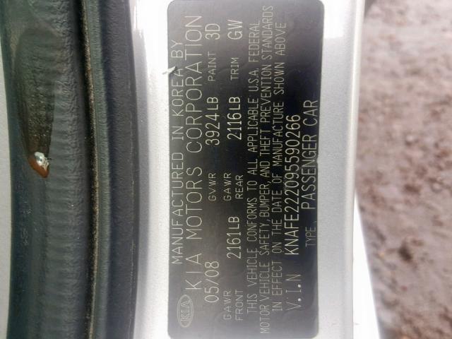 KNAFE222095590266 - 2009 KIA SPECTRA EX SILVER photo 10