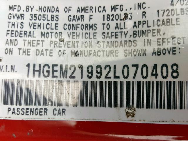 1HGEM21992L070408 - 2002 HONDA CIVIC EXL RED photo 10