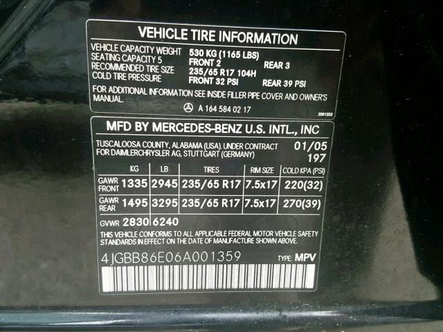 4JGBB86E06A001359 - 2006 MERCEDES-BENZ ML 350 BLACK photo 10