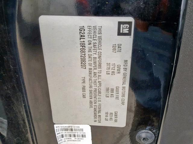 1G2AL18F687208207 - 2008 PONTIAC G5 BLACK photo 10