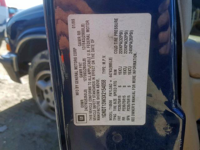 1GNDT13W3X2154058 - 1999 CHEVROLET BLAZER BLUE photo 10