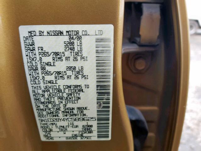 5N1ED28Y4YC589625 - 2000 NISSAN XTERRA XE GOLD photo 10