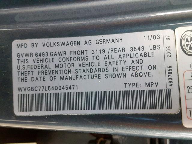 WVGBC77L54D045471 - 2004 VOLKSWAGEN TOUAREG 3. BLUE photo 10