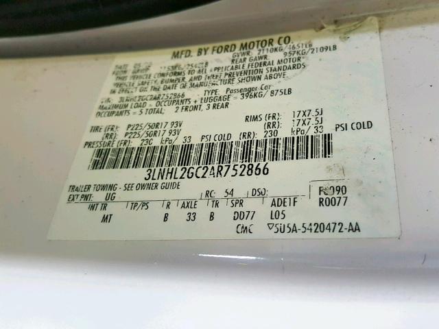 3LNHL2GC2AR752866 - 2010 LINCOLN MKZ WHITE photo 10