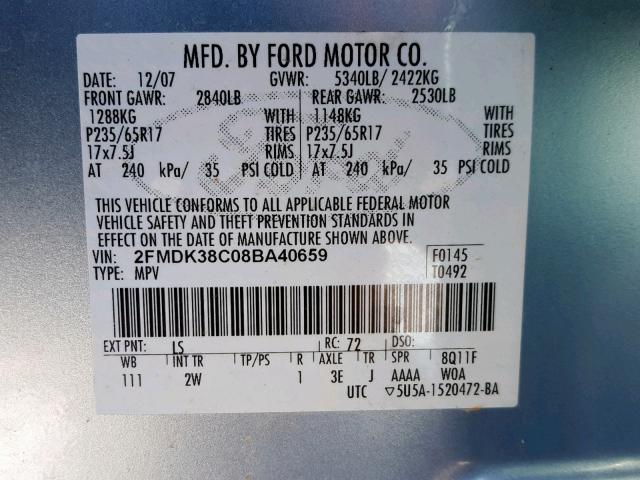 2FMDK38C08BA40659 - 2008 FORD EDGE SEL BLUE photo 10