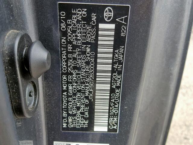 JTKJF5C72B3000410 - 2011 TOYOTA SCION TC 石墨色 照片 10