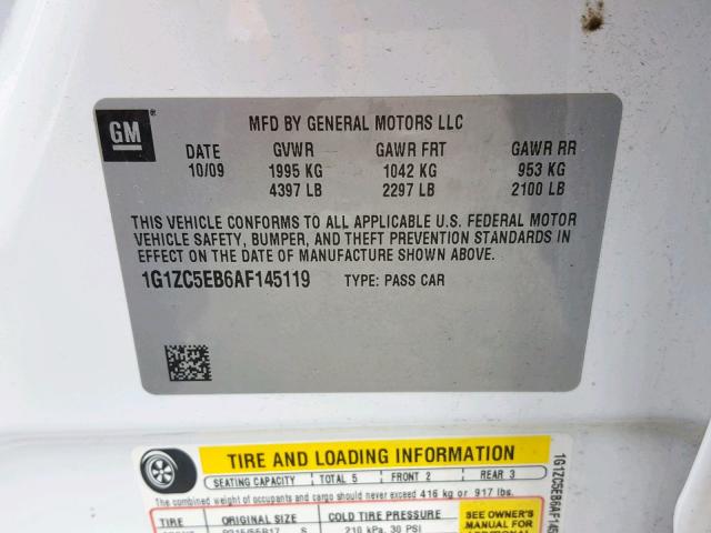 1G1ZC5EB6AF145119 - 2010 CHEVROLET MALIBU 1LT თეთრი ფოტო 10