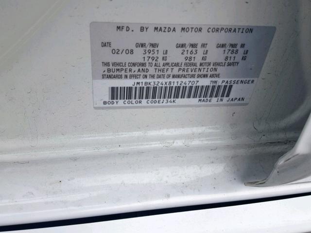 JM1BK324X81124707 - 2008 MAZDA 3 S WHITE photo 10