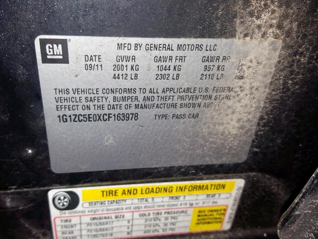 1G1ZC5E0XCF163978 - 2012 CHEVROLET MALIBU 1LT BLACK photo 10