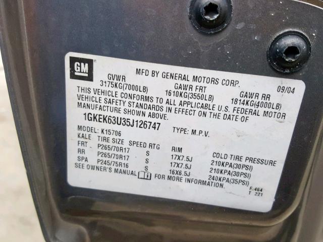 1GKEK63U35J126747 - 2005 GMC YUKON DENA GRAY photo 10