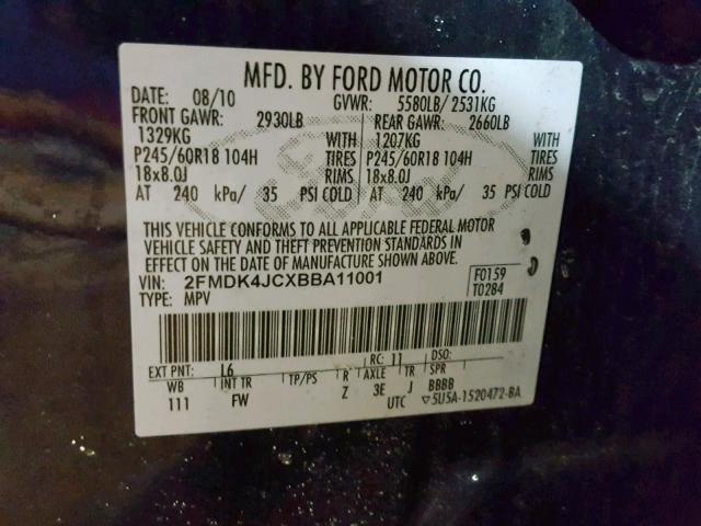 2FMDK4JCXBBA11001 - 2011 FORD EDGE SEL BLUE photo 10