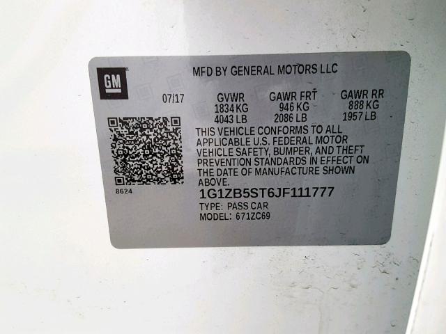 1G1ZB5ST6JF111777 - 2018 CHEVROLET MALIBU LS WHITE photo 10