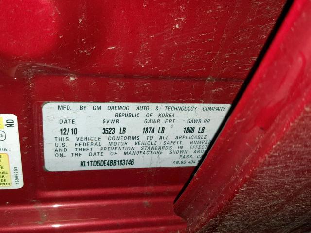 KL1TD5DE4BB183146 - 2011 CHEVROLET AVEO LS RED photo 10