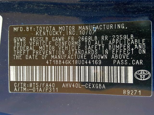 4T1BB46K18U044169 - 2008 TOYOTA CAMRY HYBR BLUE photo 10