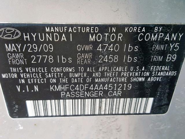 KMHFC4DF4AA451219 - 2010 HYUNDAI AZERA GLS SILVER photo 10